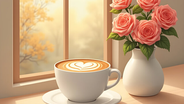 Heart Latte Art Coffee Cup with Flower Vase