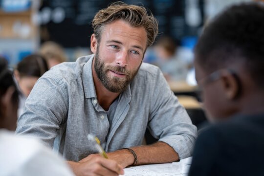 A thoughtful man engages with students in a classroom setting, promoting education and mentorship while fostering a collaborative learning environment for personal growth.