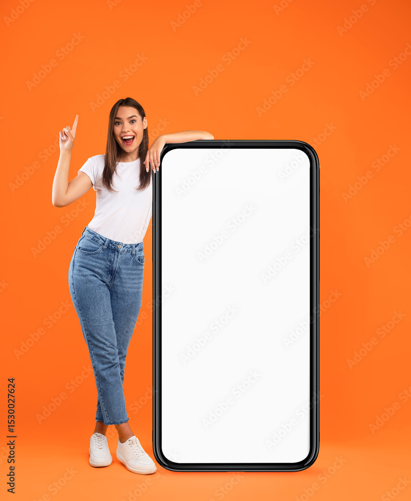 Poster mobile app advertisement, great offer. full body length of excited lady pointing finger up leaning o