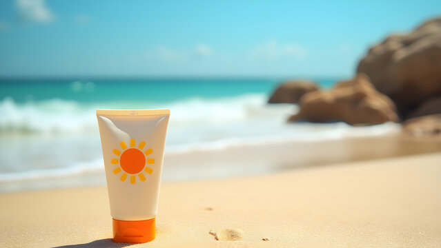 Sunscreen cream tube in the sand on a sunny beach with waves and rocks, summer vacation