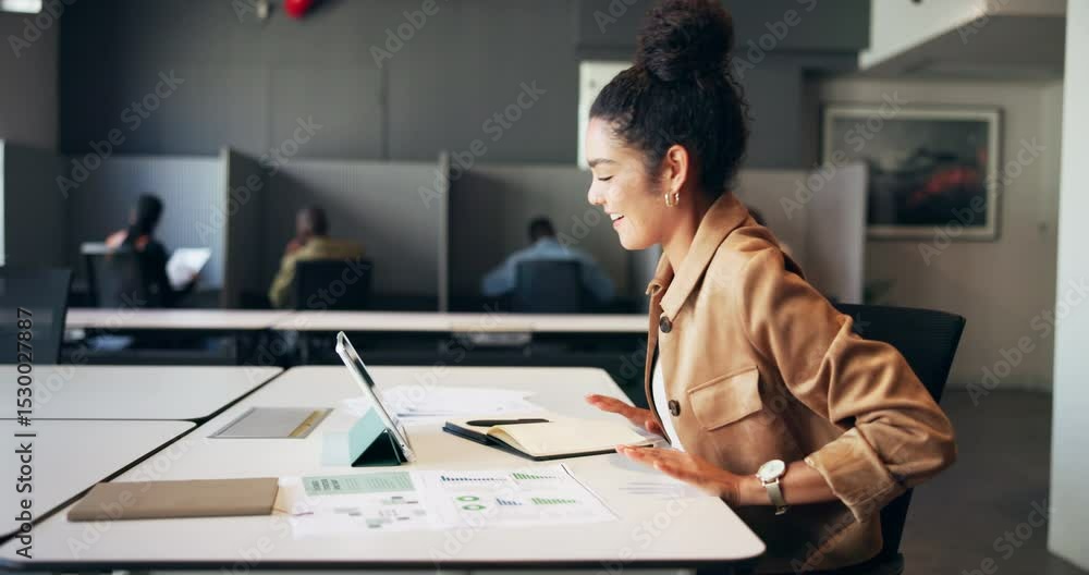 Aufkleber business woman, stretching and done in coworking office, tablet and notebook with financial analytic