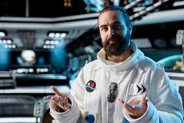 Portrait of cosmonaut exploring deep space, preparing for planetary mission outside. Man in orbital station ensuring operational readiness before beginning landing procedures on solar system planet