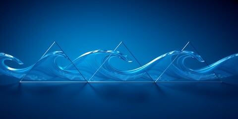 Abstract blue background featuring transparent waves and geometric shapes in a modern design
