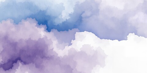A soft watercolor painting of fluffy clouds in shades of blue, purple, and white creating a dreamy sky