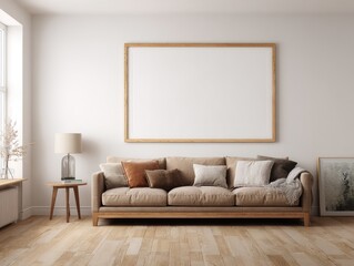 Empty frame on light beige sofa in modern room