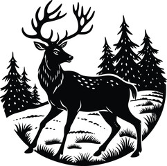 Majestic Deer in Winter Wonderland A Black and White Illustration