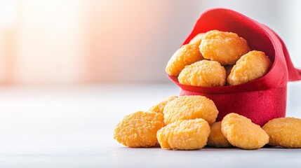 Golden Fried Chicken Nuggets spilling from Red Festive Container, Snacks , Chicken