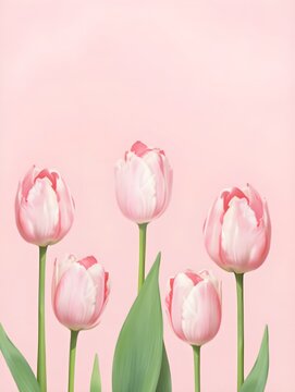 Springtime tulip banner A digital illustration of pink tulips with green leaves on a pastel pink background for a vibrant and fresh design.