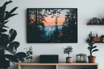 TV mounted on a light-colored wall, flanked by plants and shelves