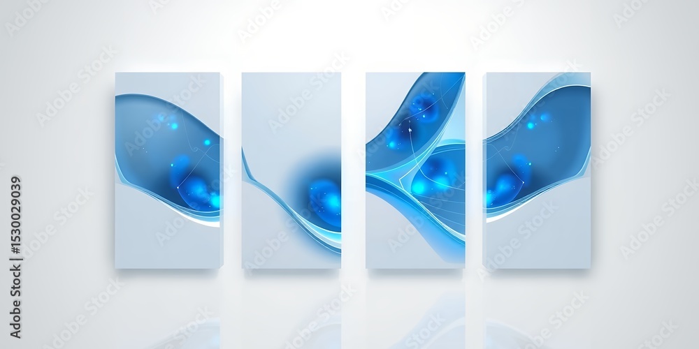 Aufkleber four vertical panels displaying a blue abstract design with glowing orbs on a white background