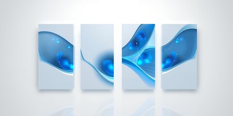 Four vertical panels displaying a blue abstract design with glowing orbs on a white background