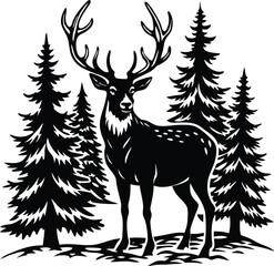 Majestic Deer in Pine Forest A Striking Black and White Illustration