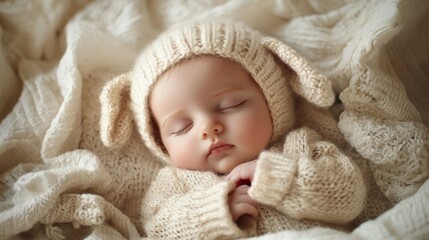Adorable Baby Sleeping in Cream Knit Lamb Outfit with Cozy Textures