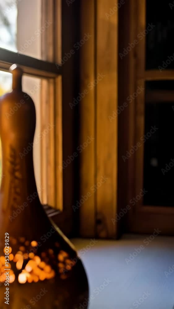 Poster handcrafted gourd lamp casting shadows on windowsill with autumn foliage blurred through glass, rust