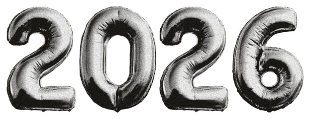 Year 2026. Foil balloons shaped like the numbers 2, 0, and 6. New Year 2026. Celebration, party, invitation. Christmas night. Torn edges effect. Modern grunge style and collage design
