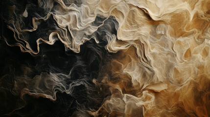 Abstract digital art texture resembling flowing fabric or smoke in shades of beige, black, and brown. Fluid lines and organic movement ideal for artistic backgrounds, conceptual design, and modern vis