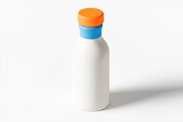 White bottle with orange and blue cap, slightly angled on white background, casting a soft shadow
