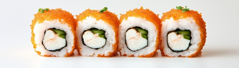 Tobiko Sushi Rolls Close-Up of Orange Caviar with Crab and Cucumber , JapaneseFood, Seafood