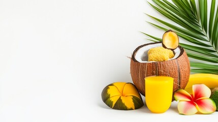 Tropical Fruit Still Life Coconut, Juice and Flower, summer , tropical