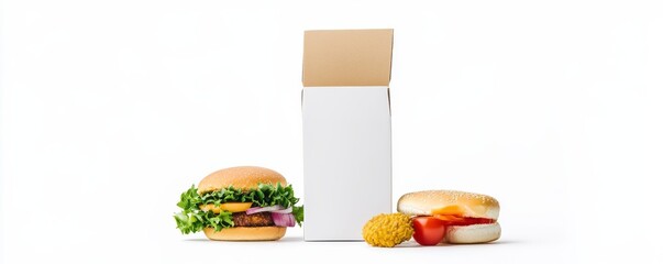 Two burgers with takeaway box, fast food , delivery