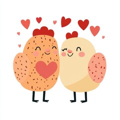 Two Cute Chickens in Love with Hearts, Cartoon, Valentine