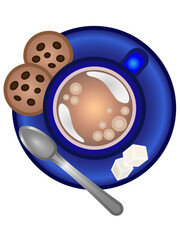 A cup on a saucer with biscuits and sugar pieces. A teaspoon on a saucer. View from above. Blue cup with cocoa / coffee. Vector illustration.	