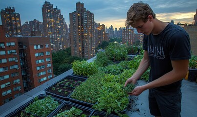 A young man tends to a rooftop garden overlooking a cityscape at dusk.  The image conveys a sense of urban farming and contrasts the natural world with the built environment
