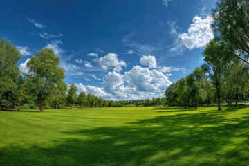 Obraz premium Expansive Green Meadow Under a Bright Blue Sky with Fluffy Clouds and Trees