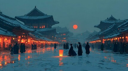 Obraz premium Winter Night Scene Snow Covered Asian City Street with Lanterns and Full Moon