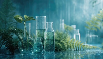 Lab glassware, plants, teal liquid