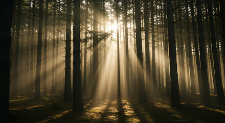 Obraz premium Dramatic golden sunbeams cut through a dense, dark forest, illuminating the misty air. A magical and spiritual nature scene representing hope and mystery. 