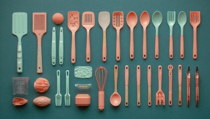 Pastel-colored kitchen utensils arranged neatly on a teal background