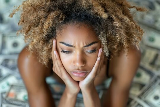 A young woman with curly hair rests her chin on her hands, expressing worry or concern while surrounded by a large amount of money.  The overhead shot emphasizes her pensive expression amidst the cash