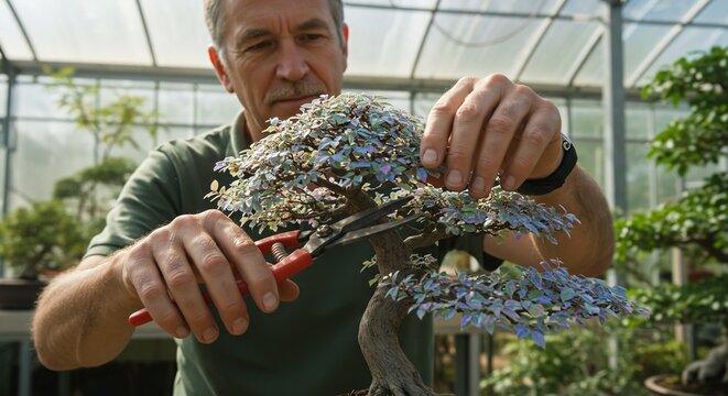 Futuristic bonsai care: gardener pruning responsive trees that react to sound and touch