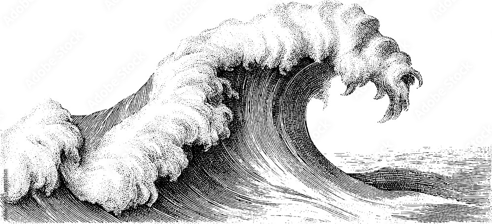 Poster dynamic wave breaking with barrel curl and dotted texture for design projects