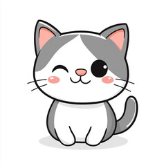 Fototapeta premium A delightful, happy gray and white cartoon cat icon with rosy cheeks, sitting cutely.