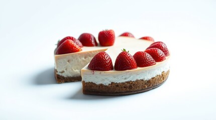Creamy Strawberry Cheesecake Slice on White Background