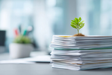 Stack of ESG-related reports on a clean desk, with one small plant sprouting from between documents, symbol of responsibility.