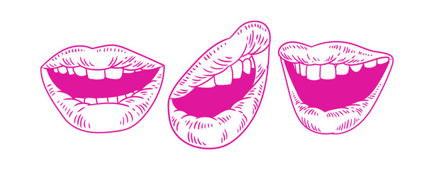 Set of hand-drawn illustrations of lips in a linear style, drawing of mouths with large, original lips for posters, products, or graphic design.