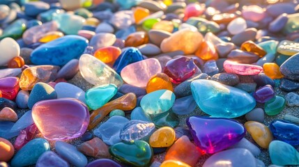 Colorful collection of smooth stones and gems on sandy beach during sunset