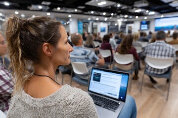 A participant utilizes a laptop during a learning session, indicative of modern educational practices that blend technology with collaborative efforts in a professional setting.