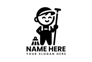 Friendly black silhouette vector logo of cheerful cleaning staff holding broom and bucket for professional maintenance service