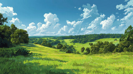 Fototapeta premium Lush Green Meadow and Forest Under a Bright Cloudy Sky