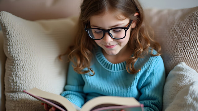 Child reading a book in cozy setting. A young girl with glasses sits comfortably in a blue sweater, focused on reading a book surrounded