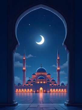 Majestic Mosque at Night Seen Through Archway with Crescent Moon