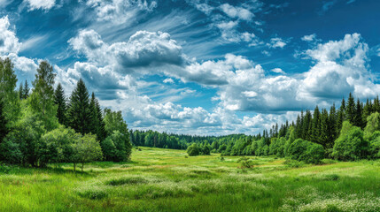 Lush Green Meadow Under a Dramatic Sky with Fluffy Clouds and Trees