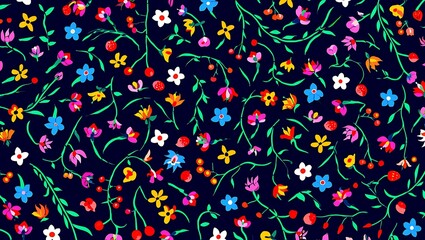 Fototapeta premium Vibrant Floral Pattern A Colorful Tapestry of Blossoms and Berries