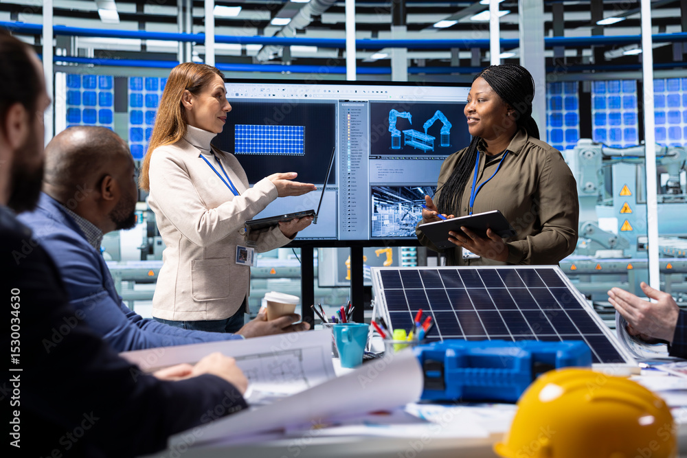 Poster engineers and scientists collaborate on solar panel research and development, analyzing data and exp