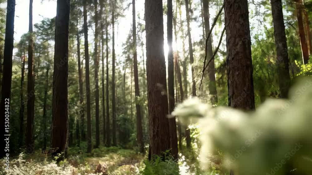 Poster sunlit forest scene featuring a lichen-covered branch in the foreground, displaying intricate detail