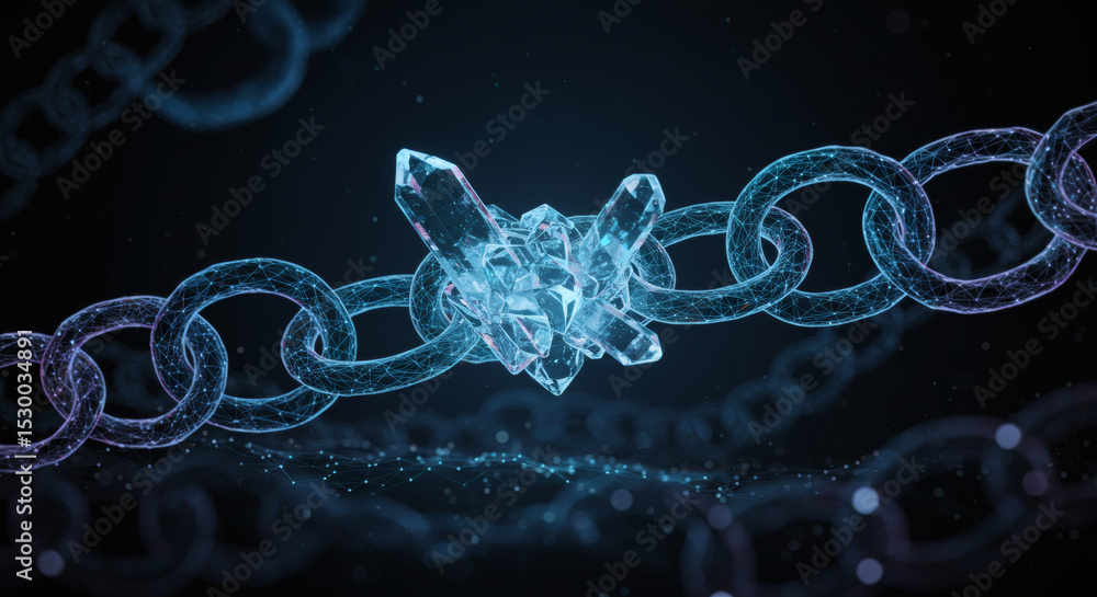 Poster a glowing digital chain with a central link made of crystal, representing blockchain technology, nft